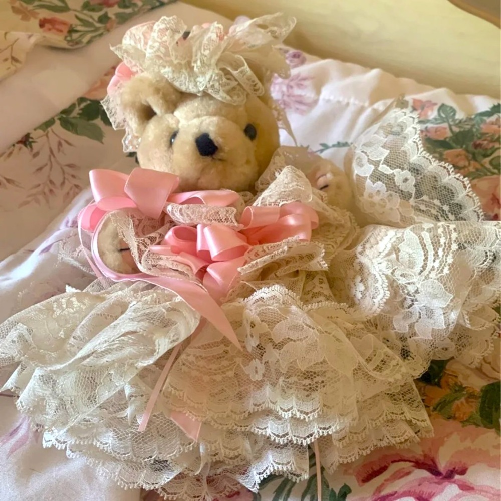 VINTAGE Teddy Bear in Lace Dress